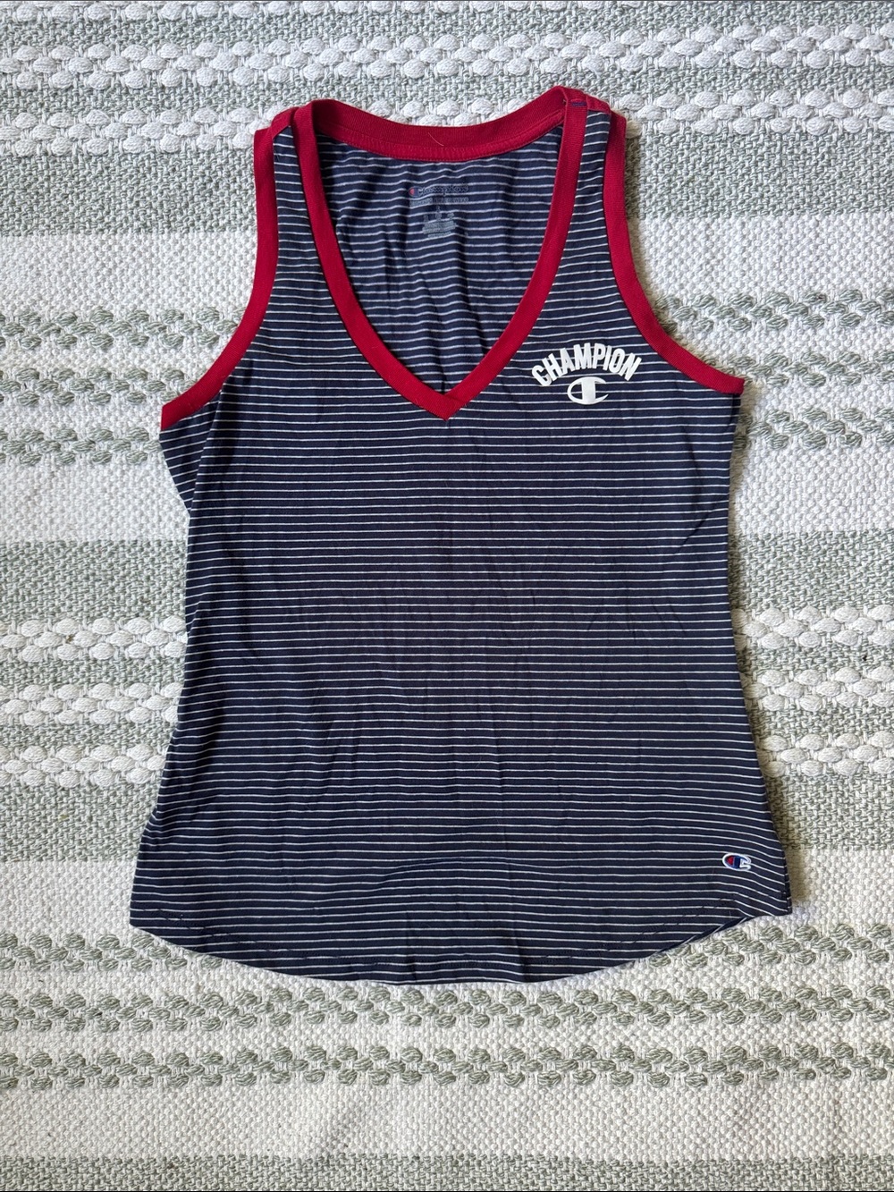 Champion Navy and White Striped V-Neck Tank with Red Trim